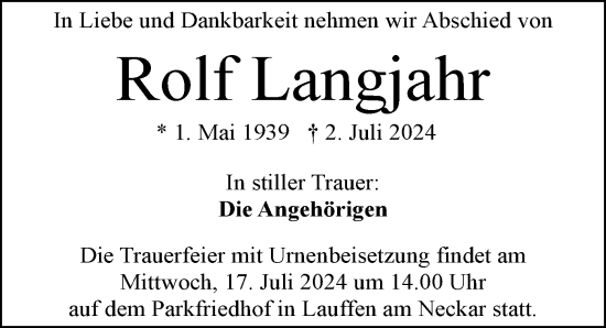Traueranzeige von Rolf Langjahr von GESAMT