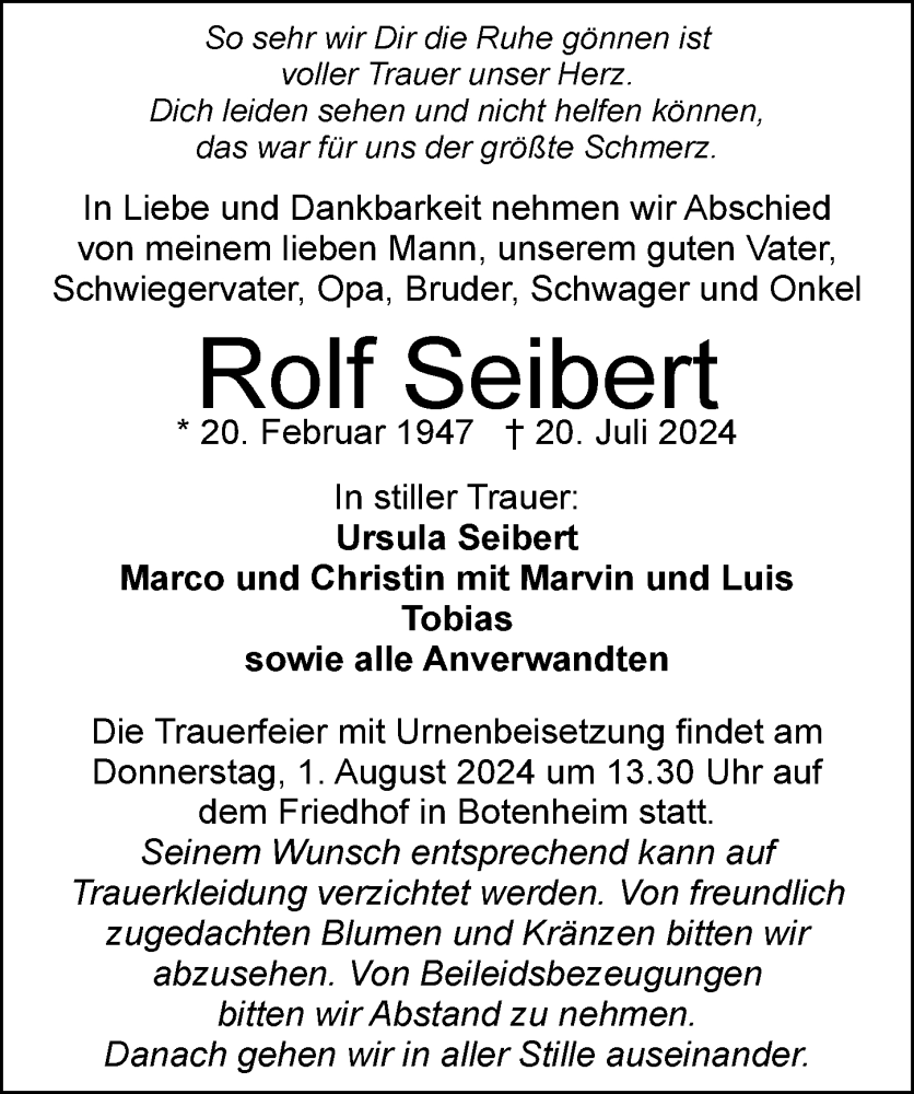  Traueranzeige für Rolf Seibert vom 30.07.2024 aus GESAMT