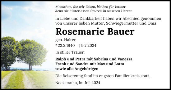 Traueranzeige von Rosemarie Bauer von GESAMT