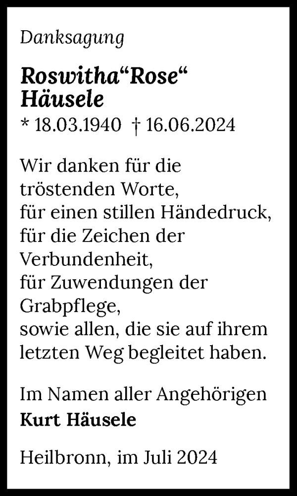  Traueranzeige für Roswitha Häusele vom 27.07.2024 aus GESAMT