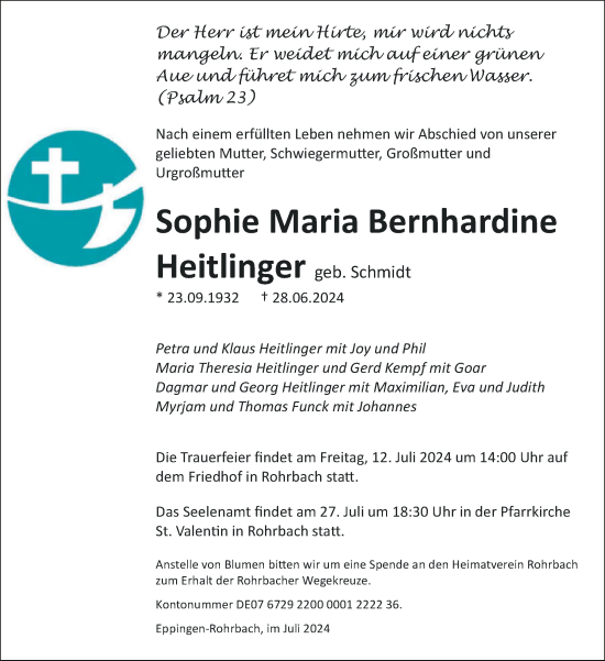 Traueranzeige von Sophie Maria Bernhardine Heitlinger von GESAMT