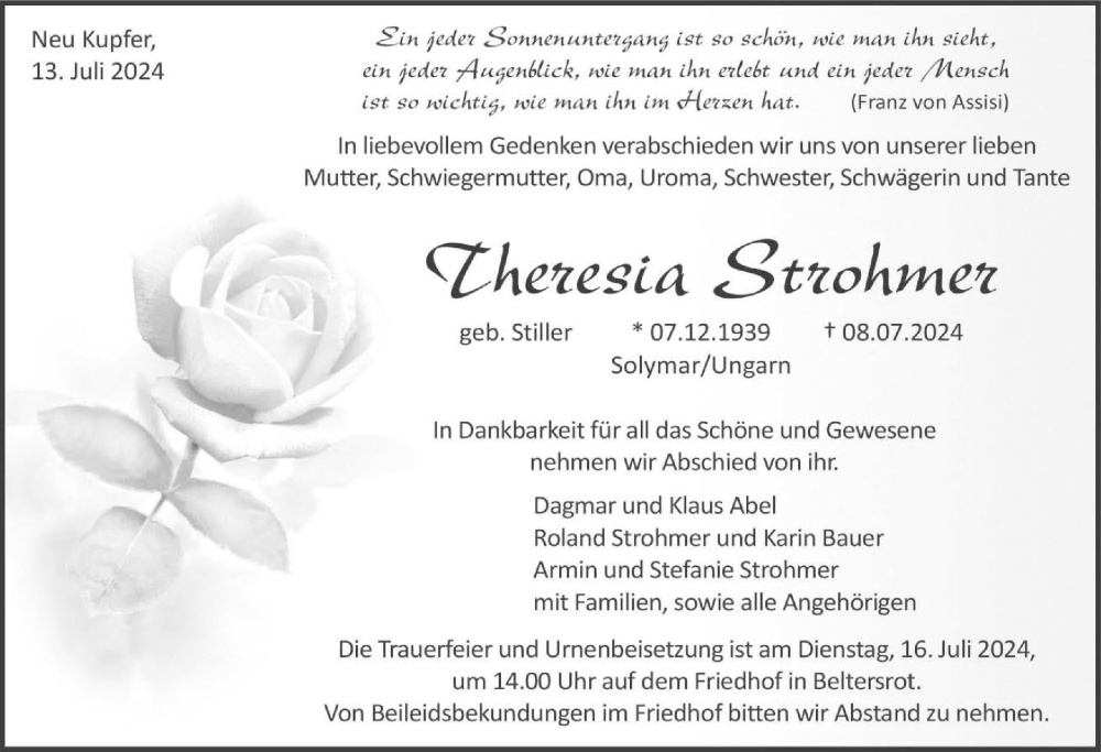  Traueranzeige für Theresia Strohmer vom 13.07.2024 aus GESAMT