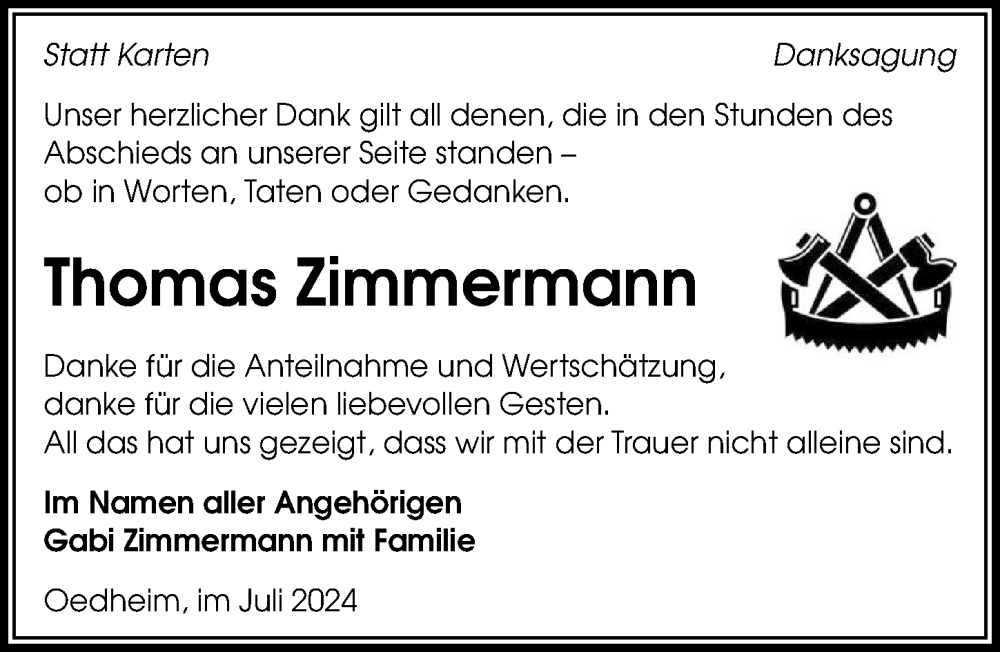  Traueranzeige für Thomas Zimmermann vom 27.07.2024 aus GESAMT