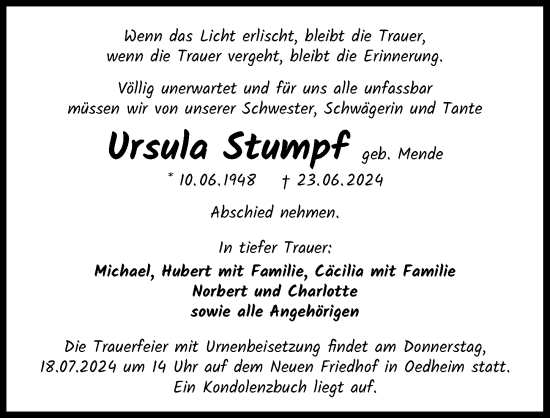 Traueranzeige von Ursula Stumpf von GESAMT
