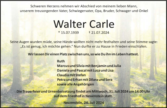 Traueranzeige von Walter Carle von GESAMT