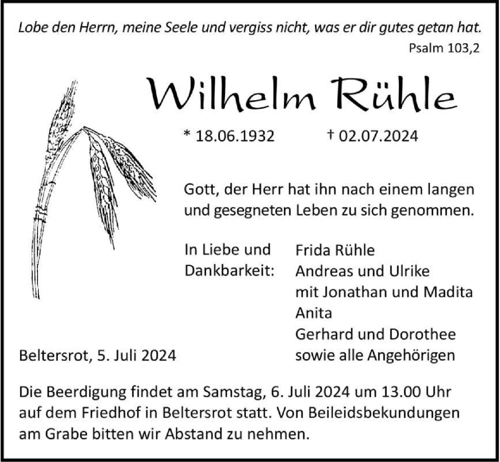  Traueranzeige für Wilhelm Rühle vom 05.07.2024 aus GESAMT