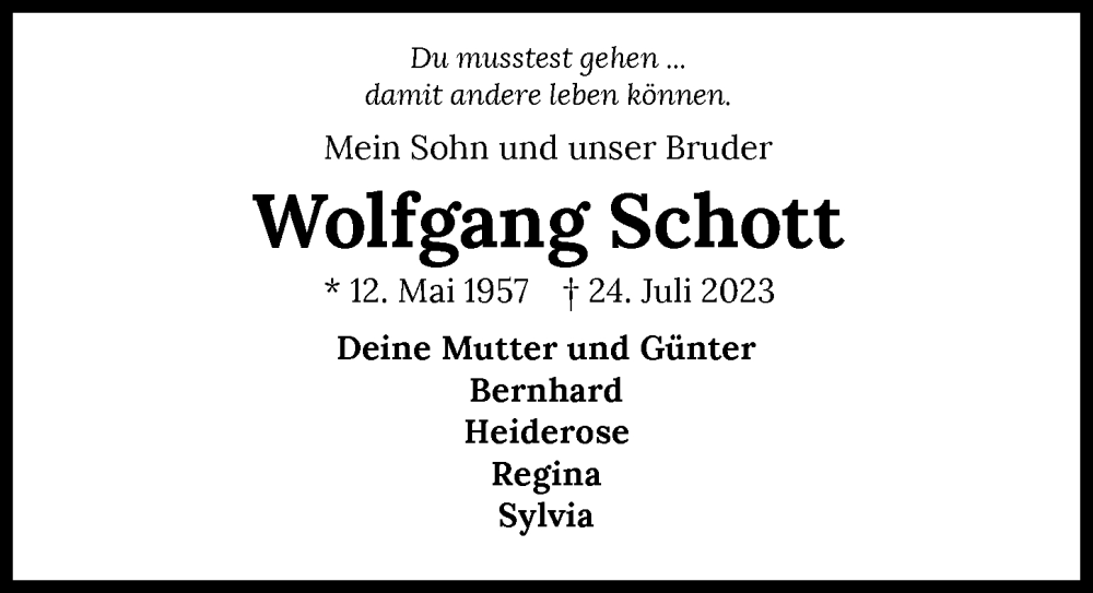  Traueranzeige für Wolfgang Schott vom 24.07.2024 aus GESAMT
