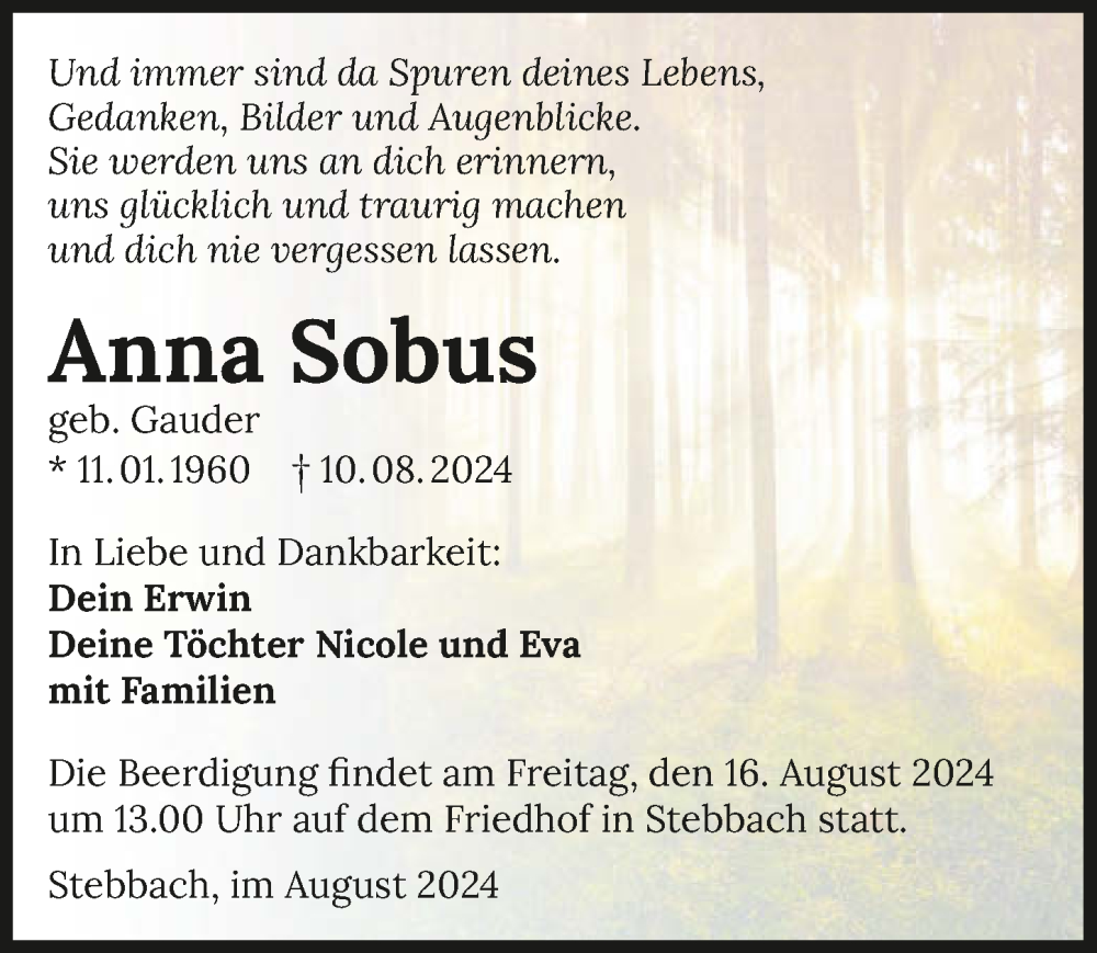  Traueranzeige für Anna Sobus vom 13.08.2024 aus GESAMT