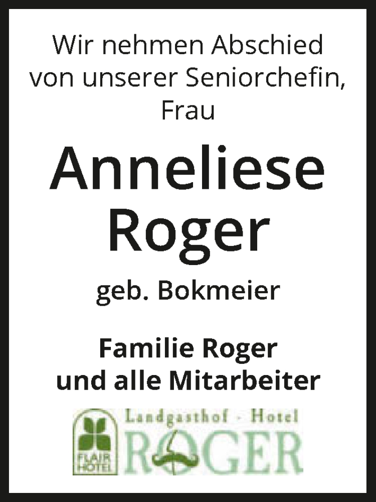  Traueranzeige für Anneliese Roger vom 10.08.2024 aus GESAMT