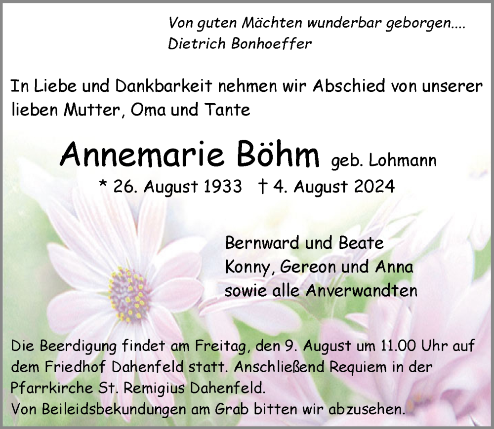  Traueranzeige für Annemarie Böhm vom 07.08.2024 aus GESAMT