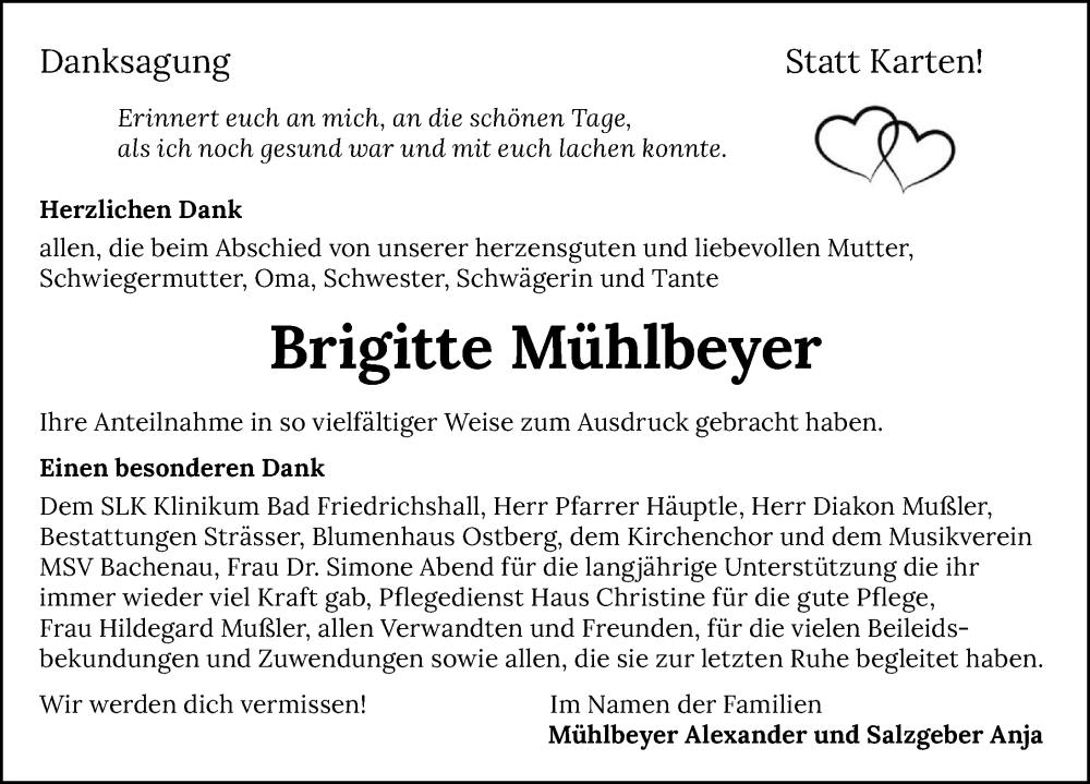  Traueranzeige für Brigitte Mühlbeyer vom 17.08.2024 aus GESAMT