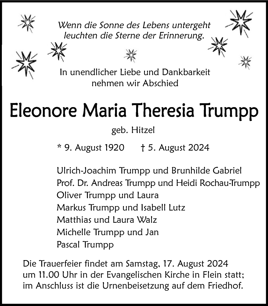  Traueranzeige für Eleonore Maria Theresia Trumpp vom 10.08.2024 aus GESAMT