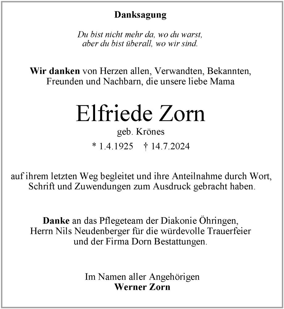  Traueranzeige für Elfriede Zorn vom 10.08.2024 aus GESAMT