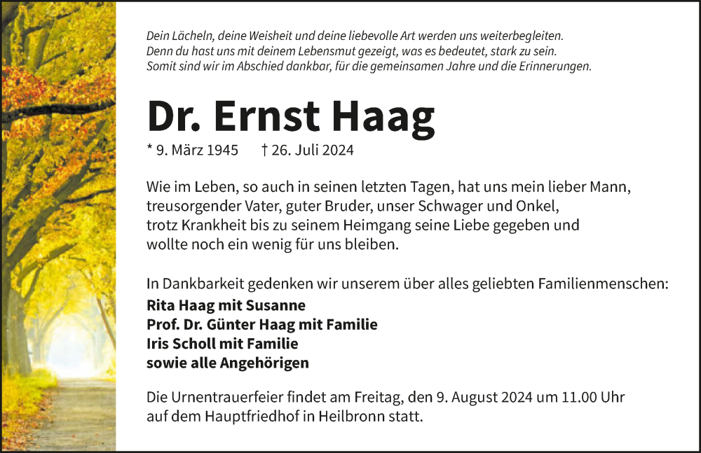  Traueranzeige für Ernst Haag vom 03.08.2024 aus GESAMT