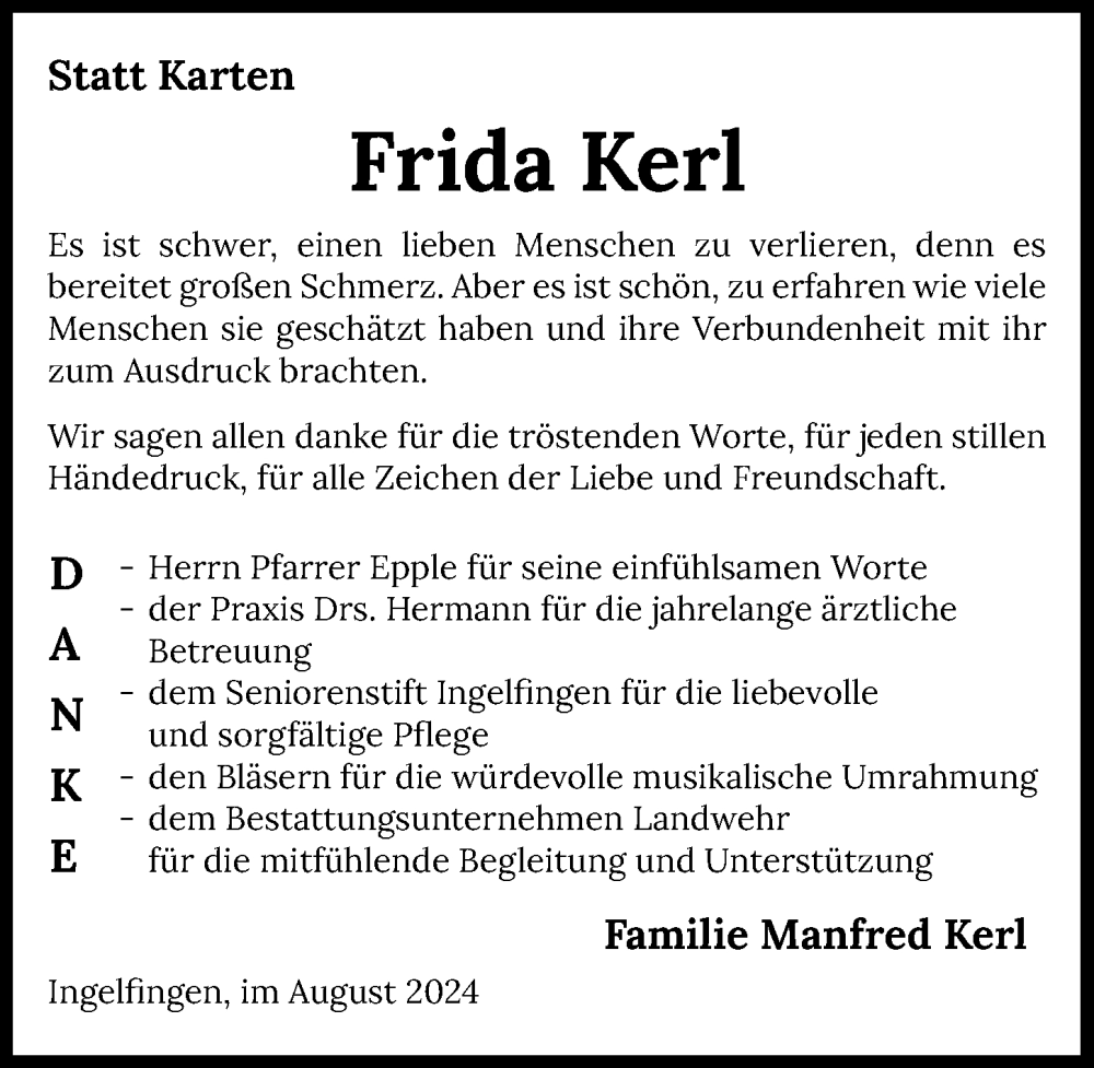  Traueranzeige für Frida Kerl vom 01.08.2024 aus GESAMT