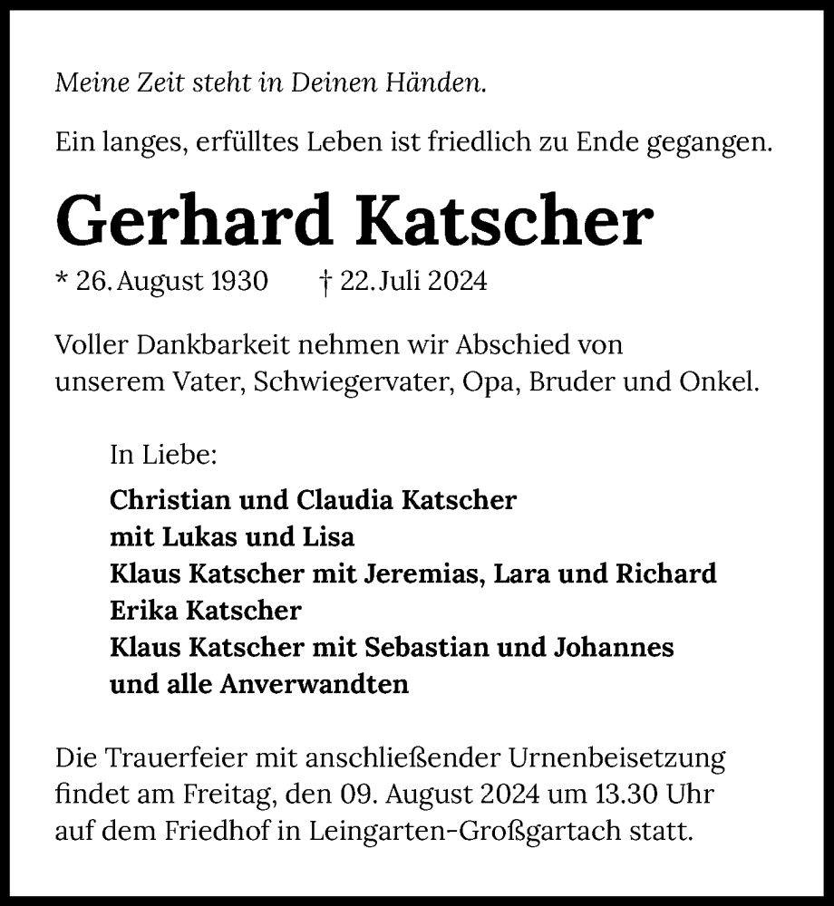  Traueranzeige für Gerhard Katscher vom 03.08.2024 aus GESAMT