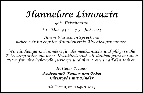 Traueranzeige von Hannelore Limouzin von GESAMT
