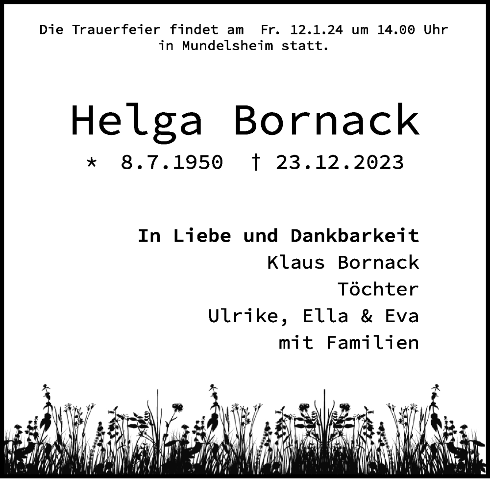  Traueranzeige für Helga Bornack vom 08.01.2024 aus GESAMT