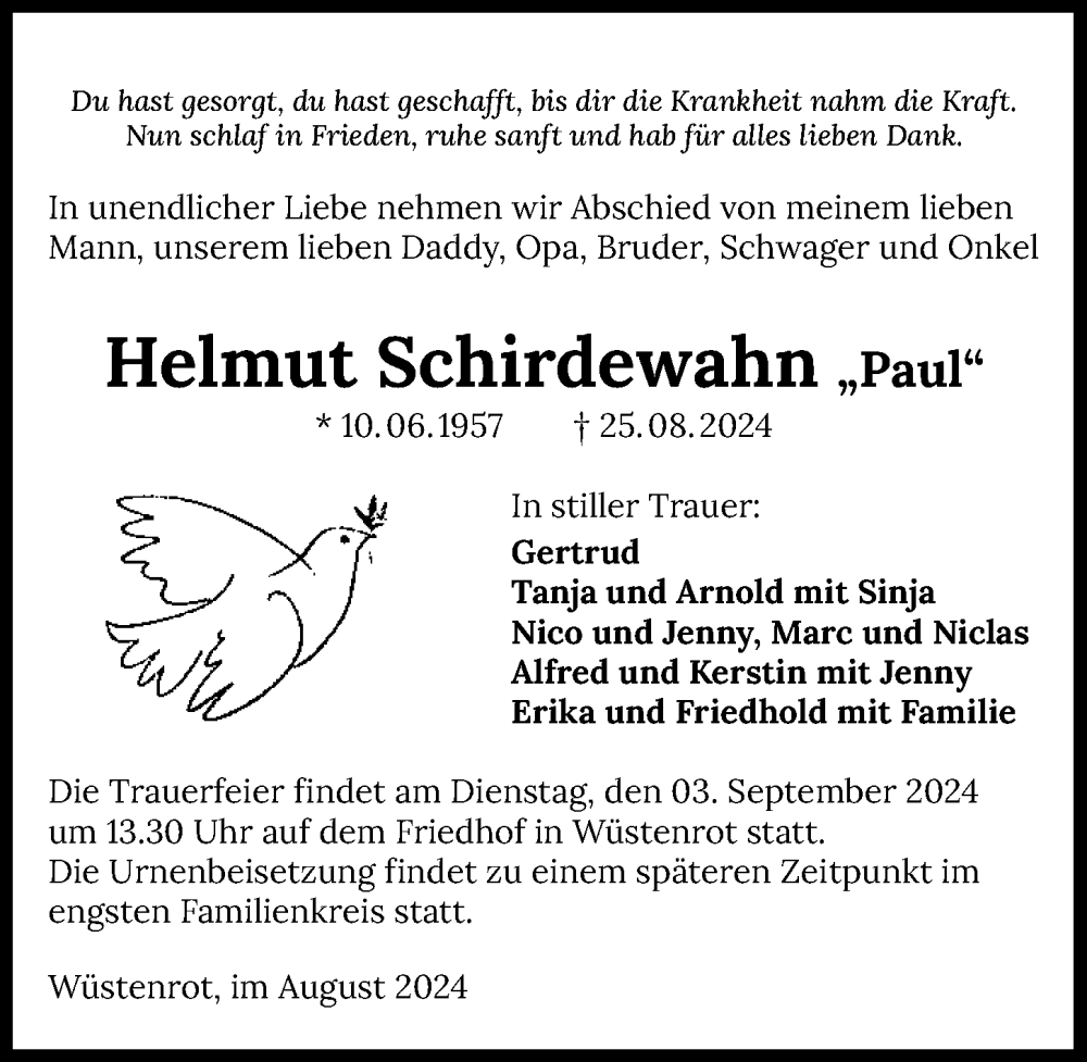  Traueranzeige für Helmut Schirdewahn vom 31.08.2024 aus GESAMT