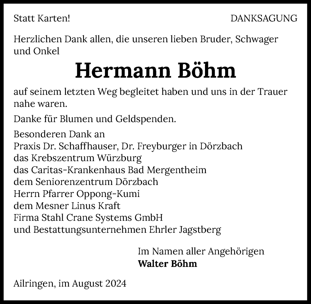  Traueranzeige für Hermann Böhm vom 31.08.2024 aus GESAMT