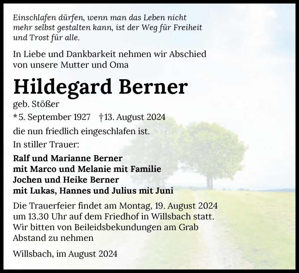  Traueranzeige für Hildegard Berner vom 17.08.2024 aus GESAMT