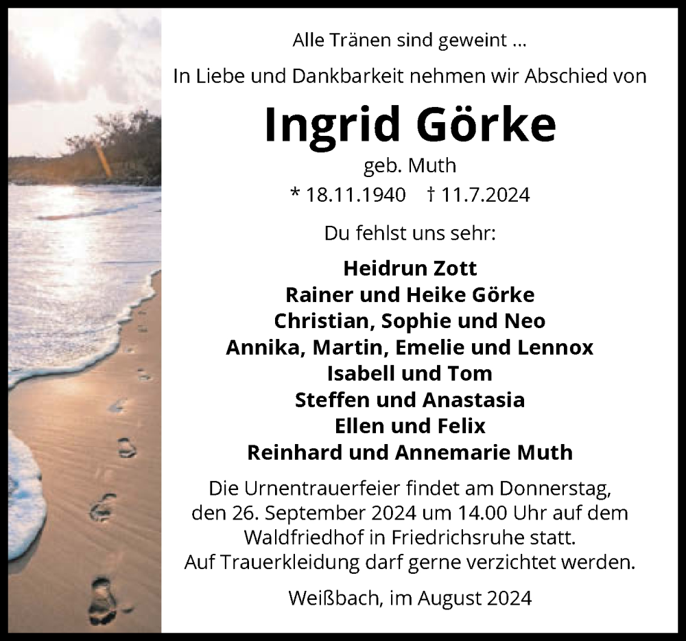  Traueranzeige für Ingrid Görke vom 10.08.2024 aus GESAMT