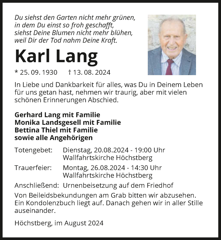  Traueranzeige für Karl Lang vom 17.08.2024 aus GESAMT