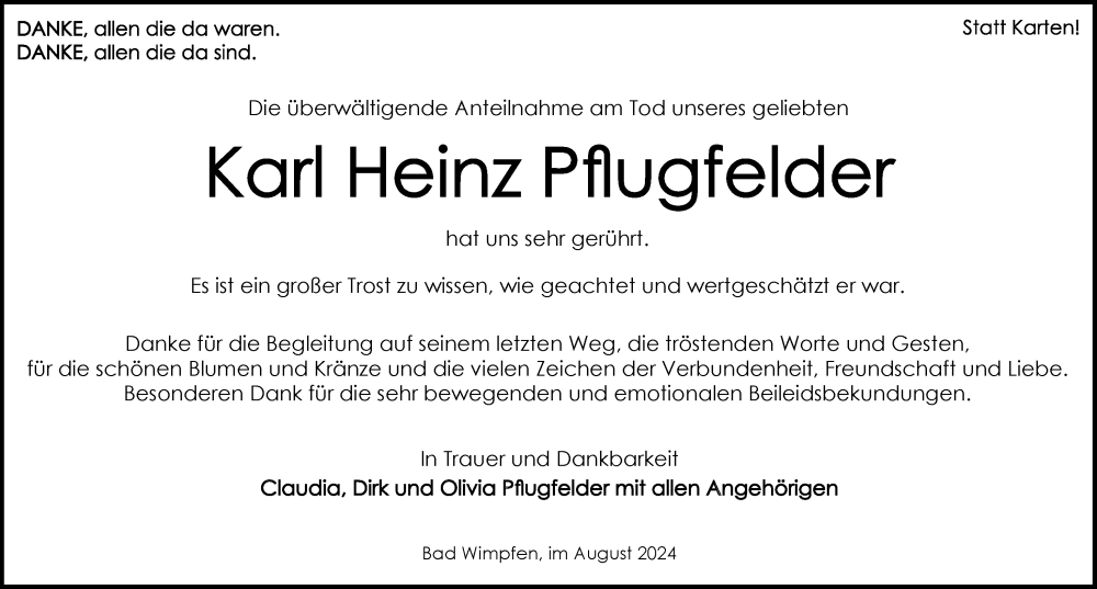  Traueranzeige für Karl Heinz Pflugfelder vom 24.08.2024 aus GESAMT