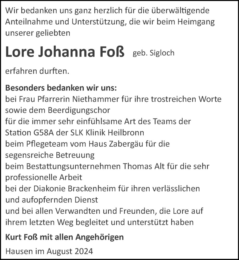  Traueranzeige für Lore Johanna Foß vom 31.08.2024 aus GESAMT