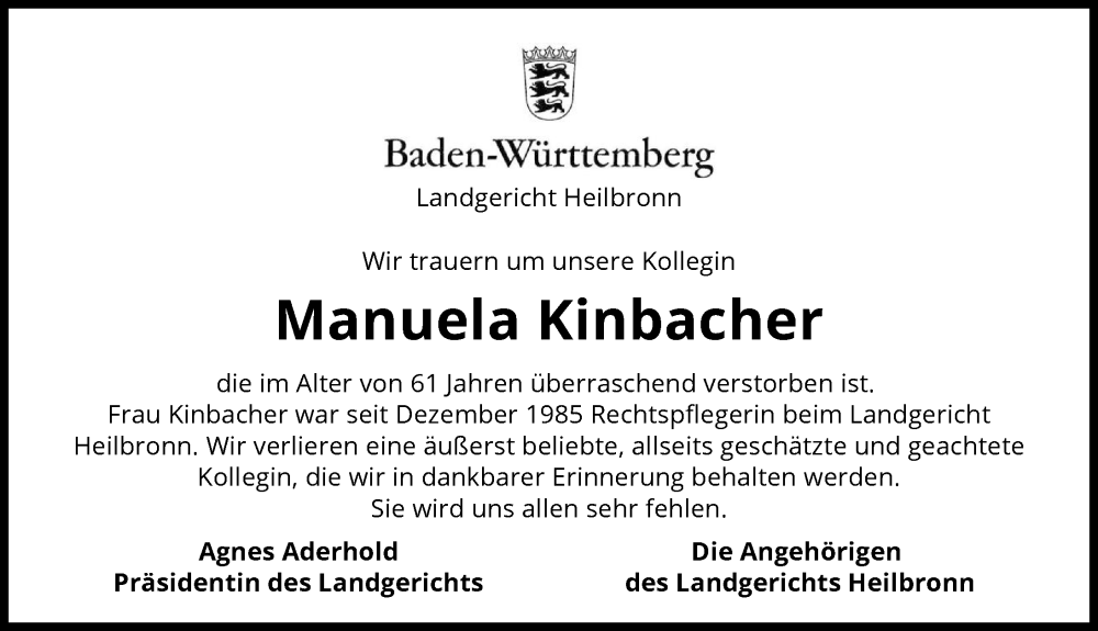  Traueranzeige für Manuela Kinbacher vom 03.08.2024 aus GESAMT