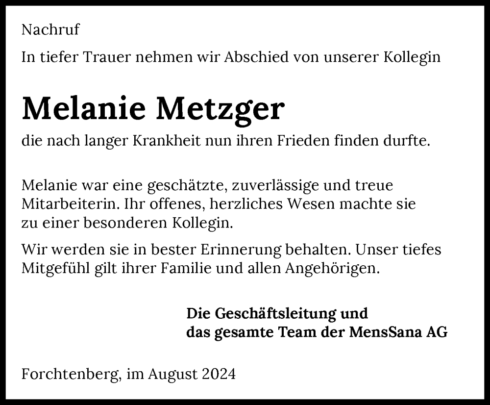  Traueranzeige für Melanie Metzger vom 31.08.2024 aus GESAMT
