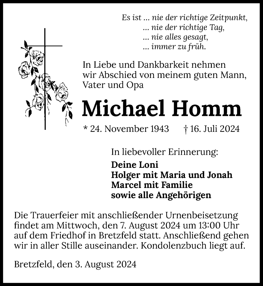  Traueranzeige für Michael Homm vom 03.08.2024 aus GESAMT