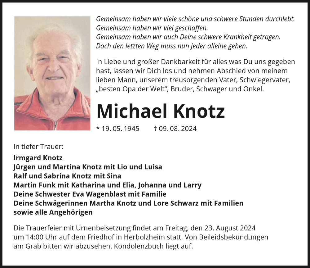  Traueranzeige für Michael Knotz vom 17.08.2024 aus GESAMT