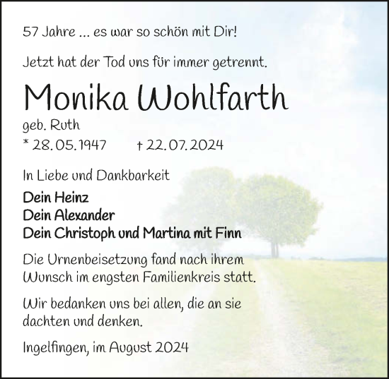 Traueranzeige von Monika Wohlfarth von GESAMT