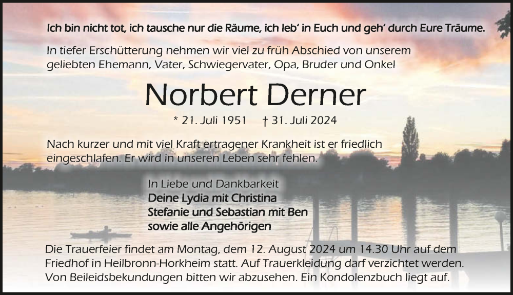  Traueranzeige für Norbert Derner vom 03.08.2024 aus GESAMT