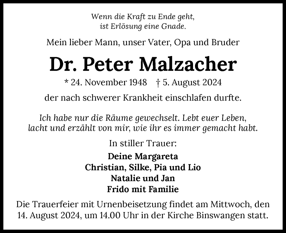  Traueranzeige für Peter Malzacher vom 10.08.2024 aus GESAMT