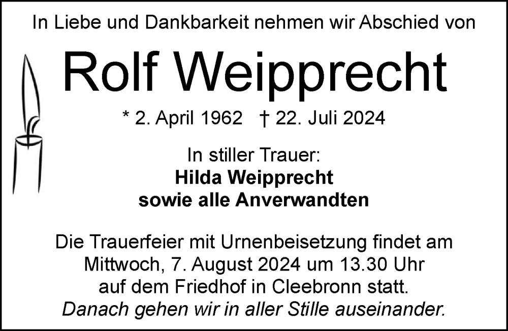  Traueranzeige für Rolf Weipprecht vom 03.08.2024 aus GESAMT
