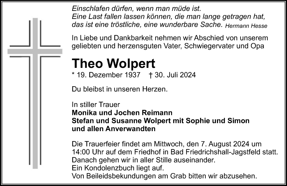  Traueranzeige für Theo Wolpert vom 03.08.2024 aus GESAMT
