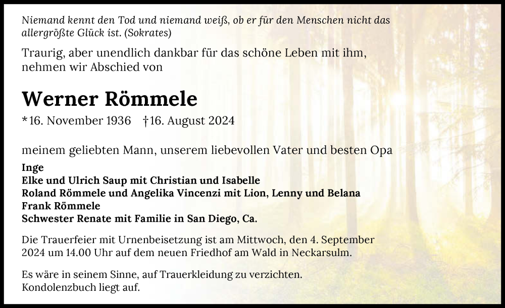 Traueranzeige für Werner Römmele vom 31.08.2024 aus GESAMT
