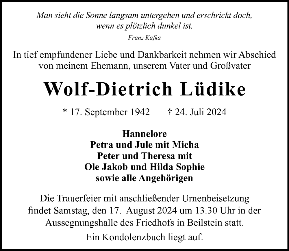  Traueranzeige für Wolf-Dietrich Lüdike vom 10.08.2024 aus GESAMT
