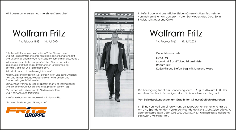  Traueranzeige für Wolfram Fritz vom 03.08.2024 aus GESAMT