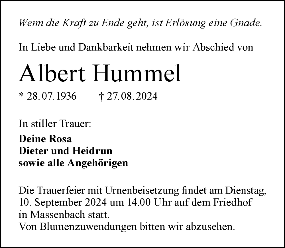  Traueranzeige für Albert Hummel vom 07.09.2024 aus GESAMT