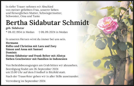 Traueranzeige von Bertha Sidabutar Schmidt von GESAMT