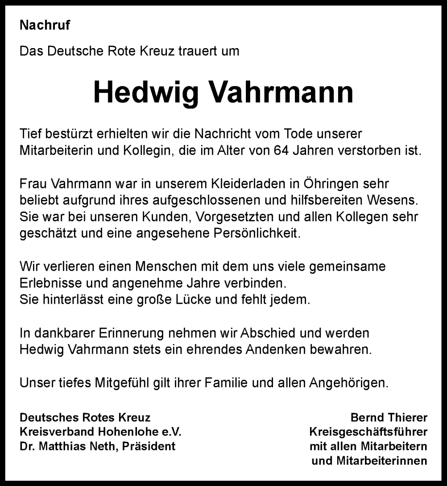  Traueranzeige für Hedwig Vahrmann vom 28.09.2024 aus GESAMT