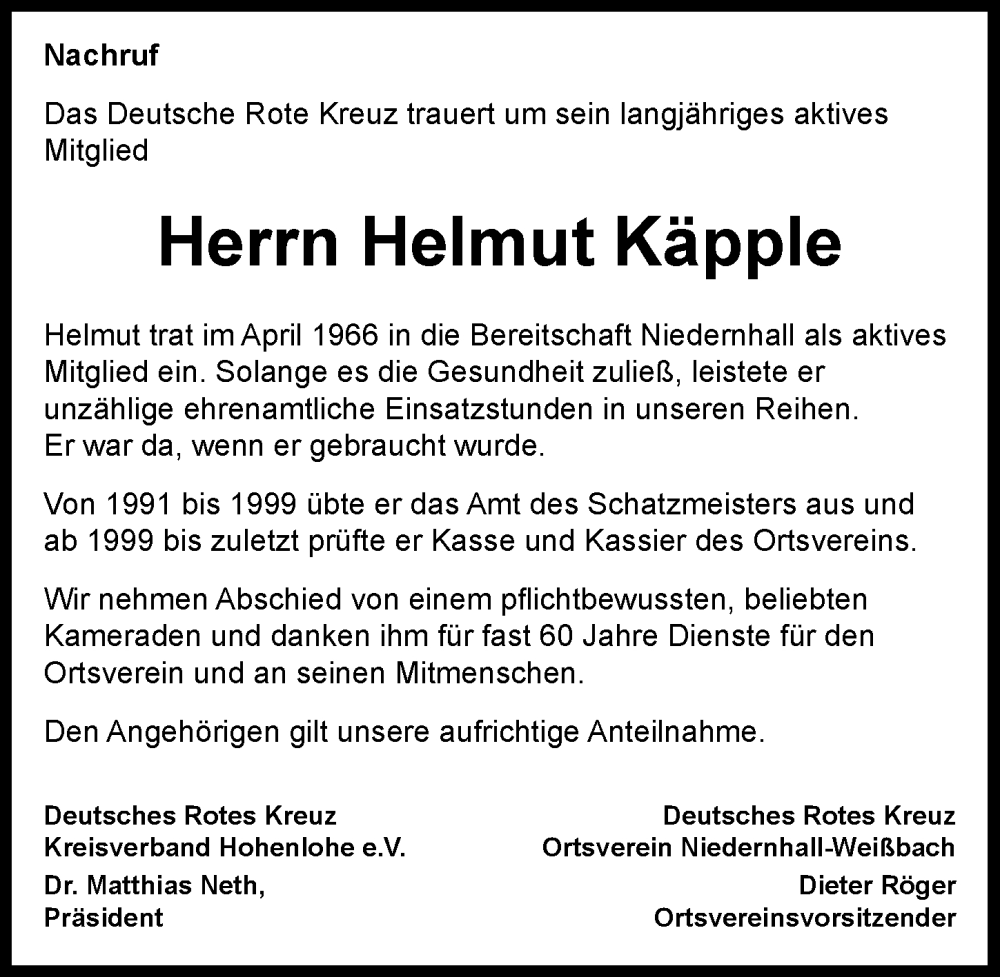  Traueranzeige für Helmut Käpple vom 28.09.2024 aus GESAMT