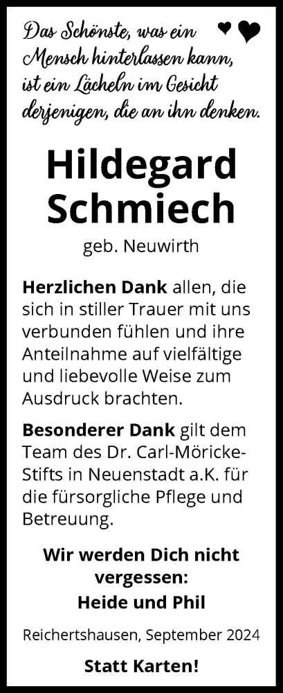  Traueranzeige für Hildegard Schmiech vom 28.09.2024 aus GESAMT