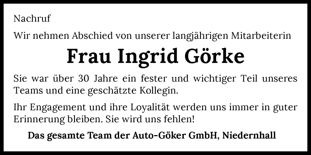  Traueranzeige für Ingrid Görke vom 25.09.2024 aus GESAMT