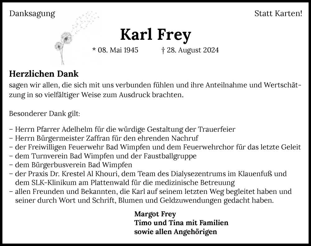  Traueranzeige für Karl Frey vom 13.09.2024 aus GESAMT