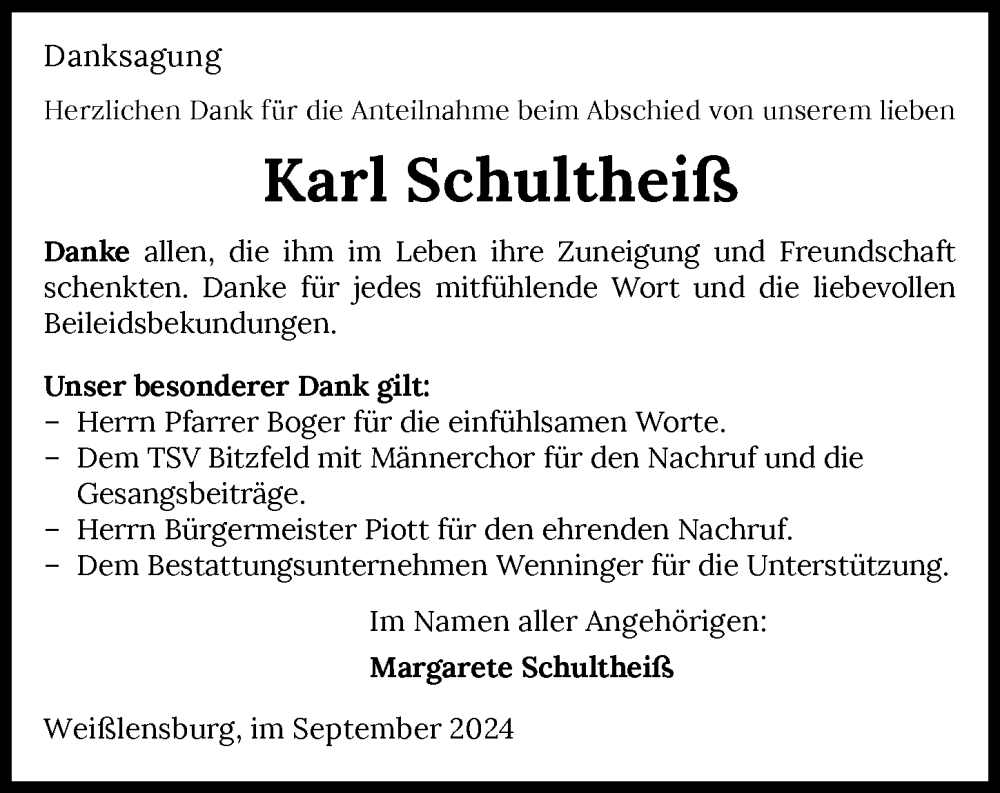  Traueranzeige für Karl Schultheiß vom 25.09.2024 aus GESAMT