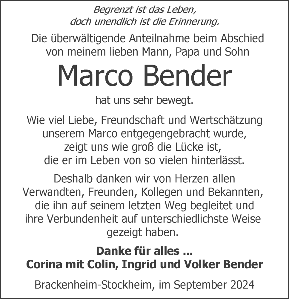  Traueranzeige für Marco Bender vom 21.09.2024 aus GESAMT